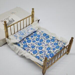 Vintage Concord Miniatures Brass Bed With Blue Floral Mattress 1:1 Doll Furnitur